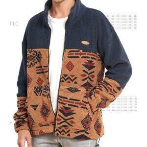 Mens Large Full Zip Fleece Jacket Stand Collar Soft Warm ZAFUL Aztec Navy Beige